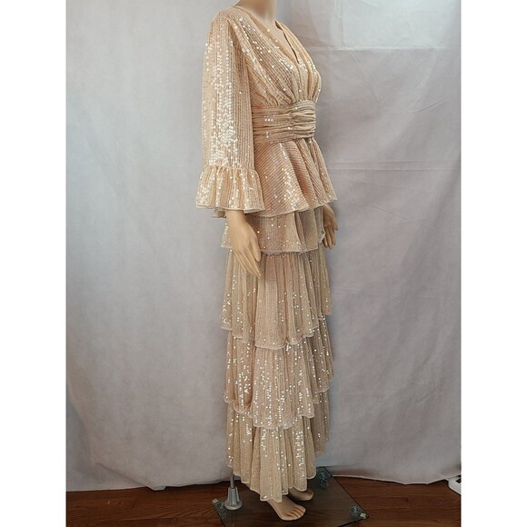 New Mac Duggal Women's (4) Beige 3/4 Sleeve Sequined Ruffle Tiered 2 Piece Gown - Picture 8 of 12